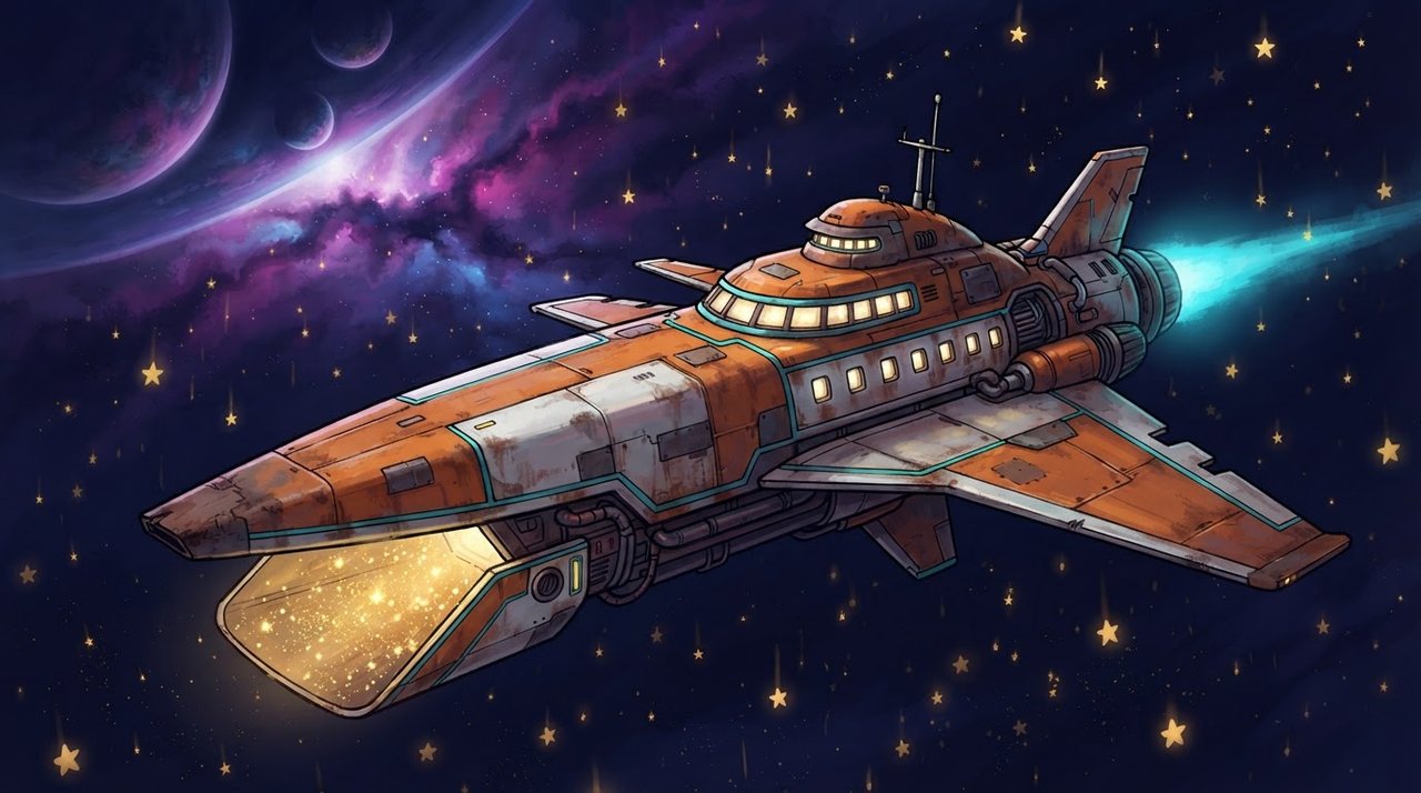 The Star Catcher, a small starship, flying through a dark galaxy toward the Great Beacon